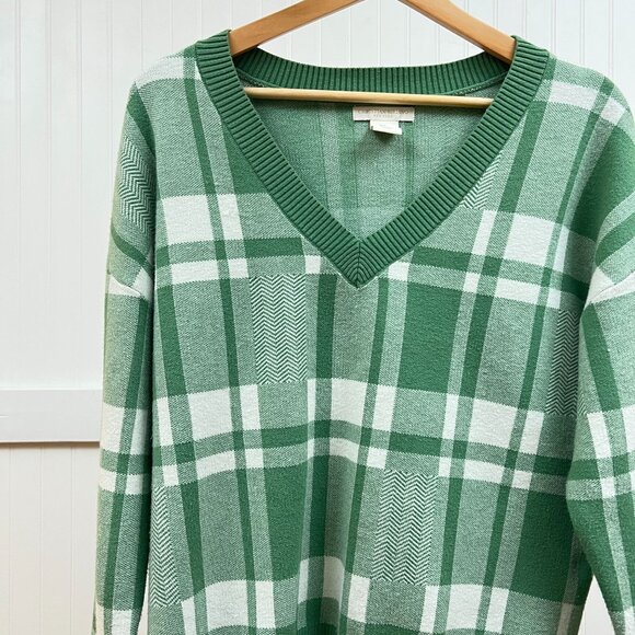 Christian Siriano Green White Plaid V-Neck Pullover Sweater Womens Large - Picture 1 of 9